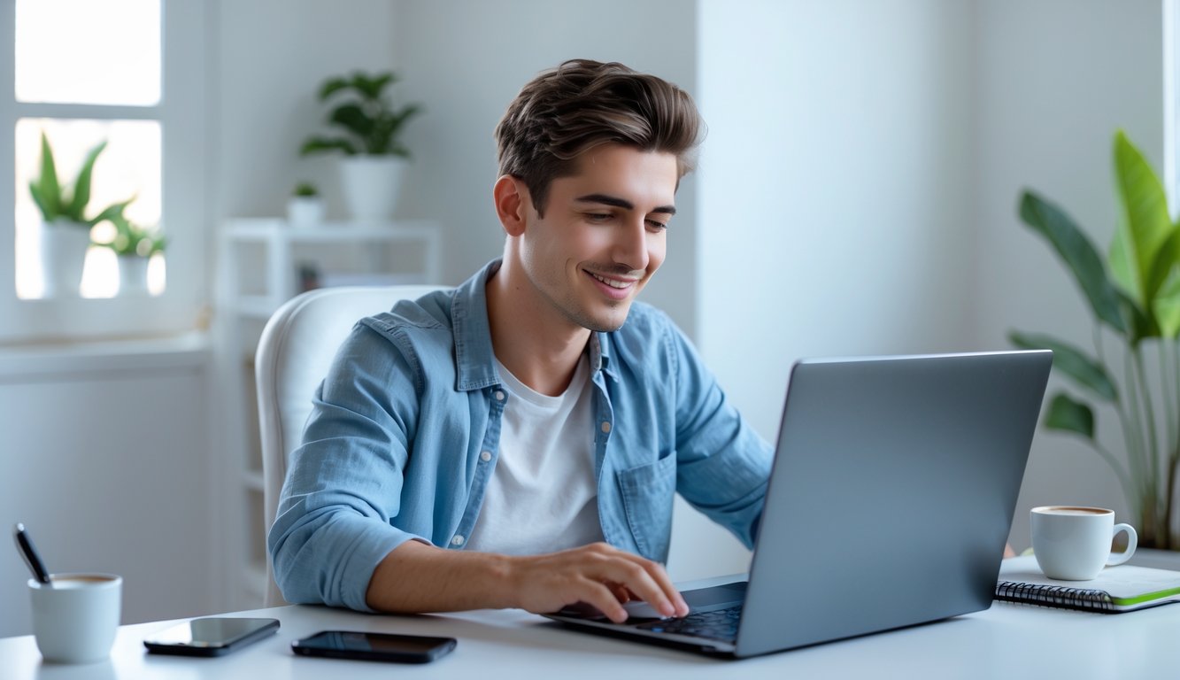 Seorang pria muda duduk di meja modern sambil bermain slot online di laptop dengan ekspresi fokus dan santai di ruangan terang dan rapi.