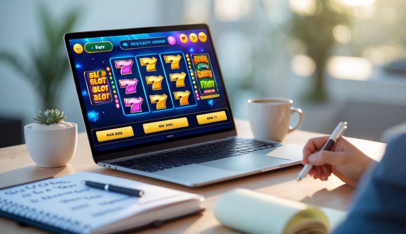 Meja kerja dengan laptop yang menampilkan permainan slot online, buku catatan terbuka, dan secangkir kopi.