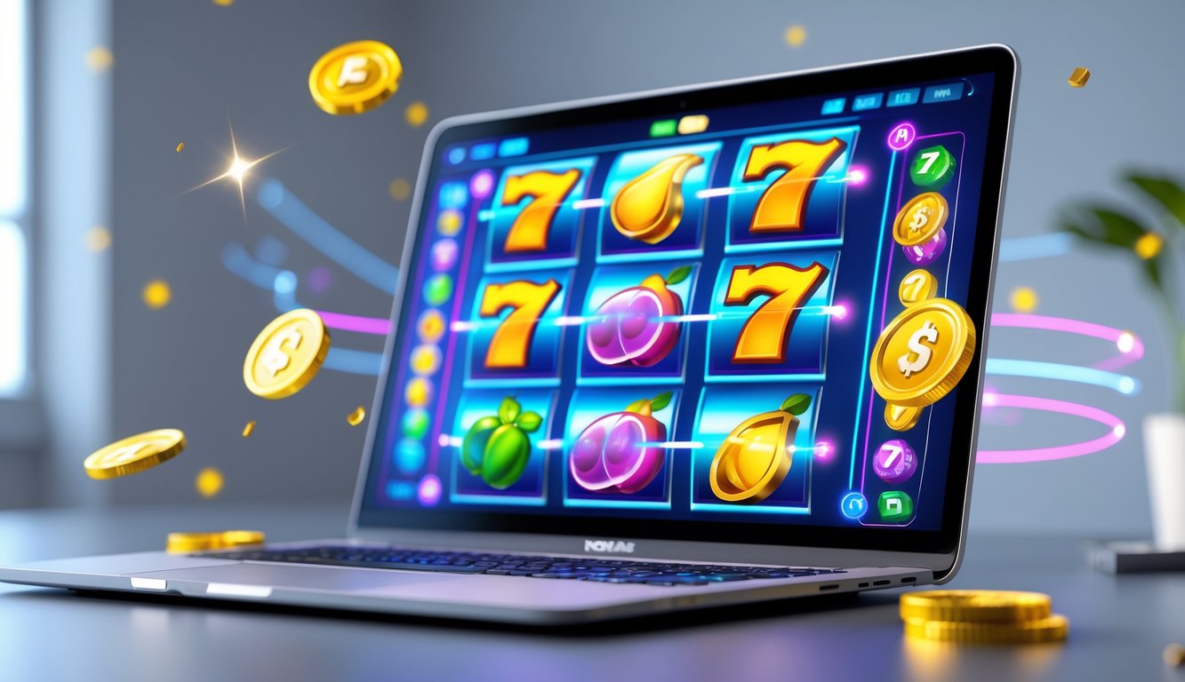 Layar komputer menampilkan permainan slot online dengan simbol berwarna cerah dan pola yang menarik.