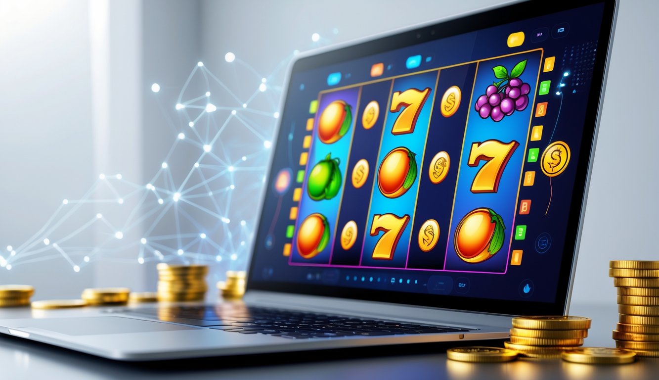 Sebuah layar komputer menampilkan permainan slot online dengan simbol warna-warni, dikelilingi elemen teknologi digital dan latar belakang bersih.