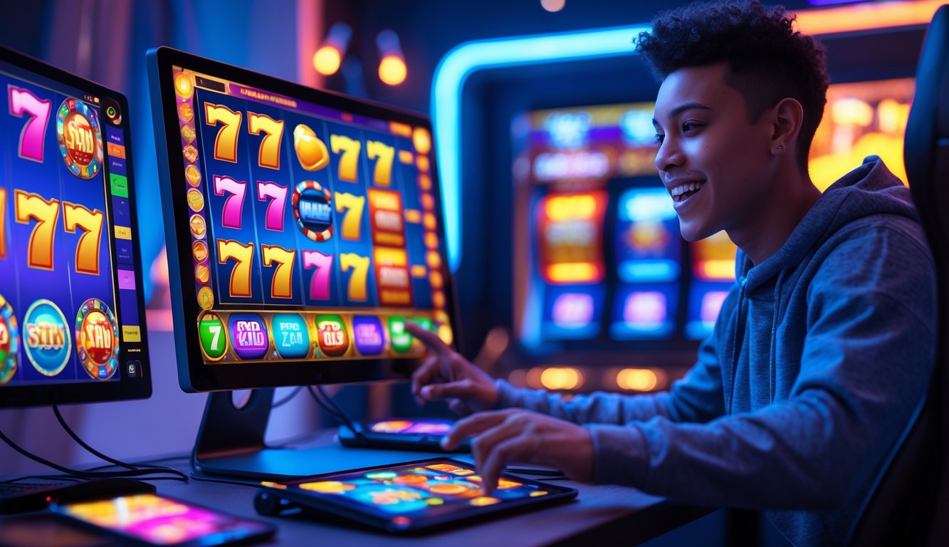 Seorang dewasa muda sedang bermain game slot online menggunakan komputer dan ponsel di sebuah ruangan gaming yang nyaman dengan pencahayaan LED.