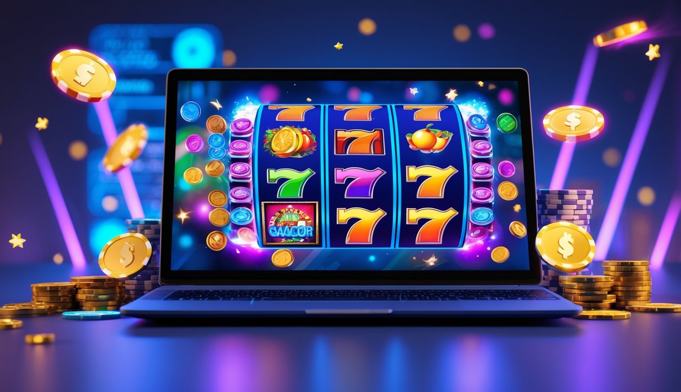 Sebuah meja dengan komputer yang menampilkan permainan slot online dengan grafik berwarna-warni dan koin yang bersinar di sekitarnya.