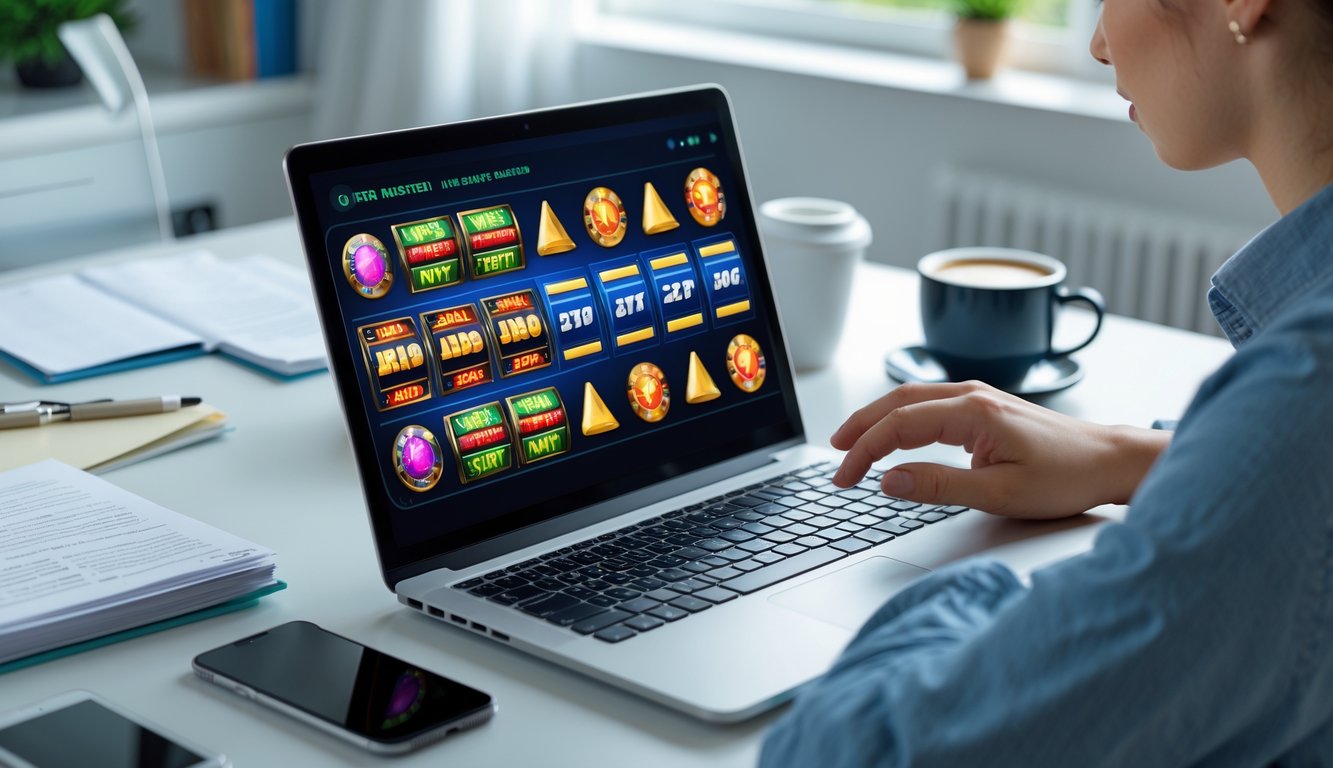 Seseorang menggunakan laptop di meja kerja dengan permainan slot online terlihat di layar, dikelilingi oleh catatan dan secangkir kopi.