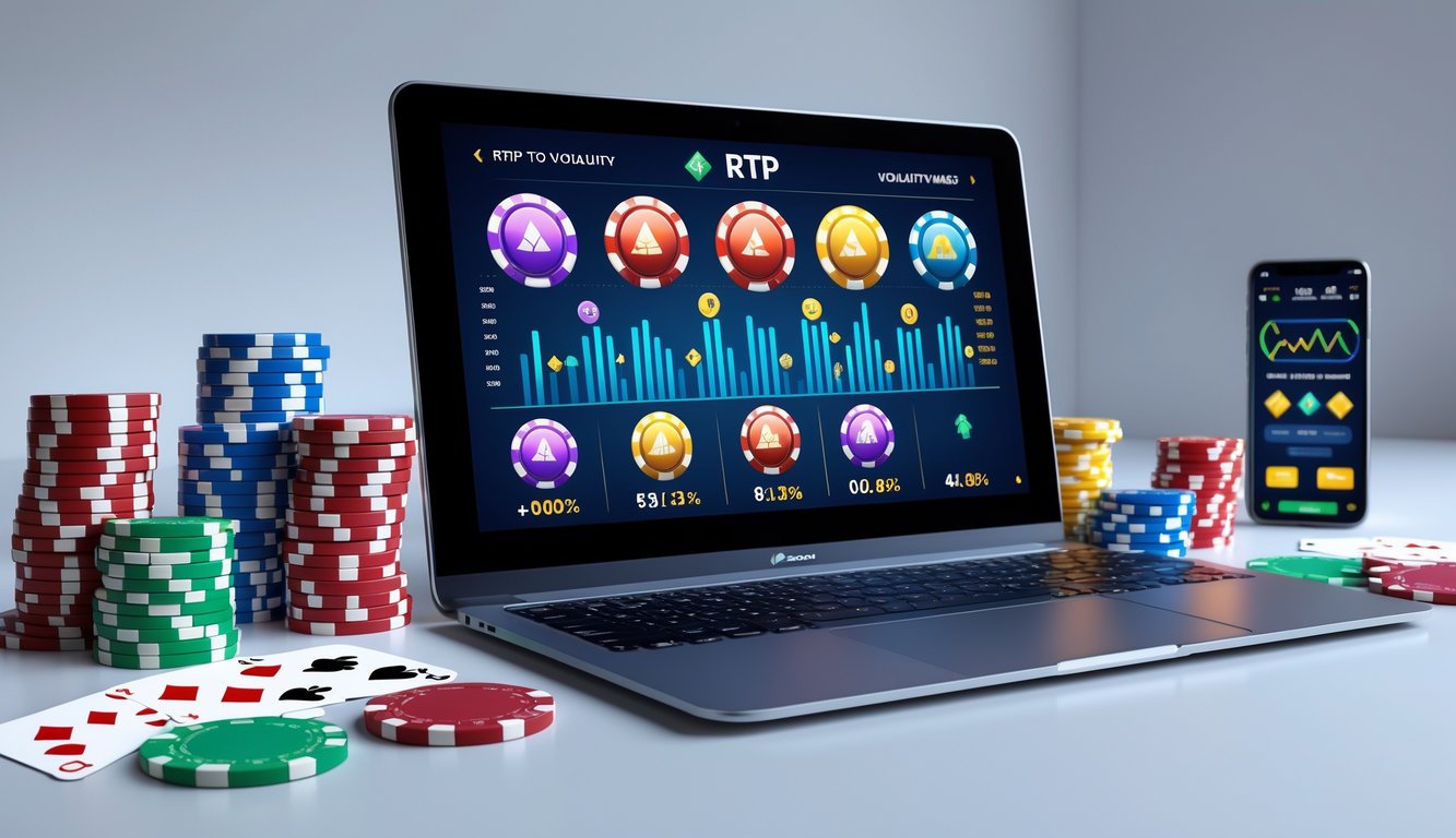 Seorang pengguna komputer melihat layar yang menampilkan ikon permainan slot dan grafik yang menggambarkan RTP dan volatilitas dalam permainan slot online.