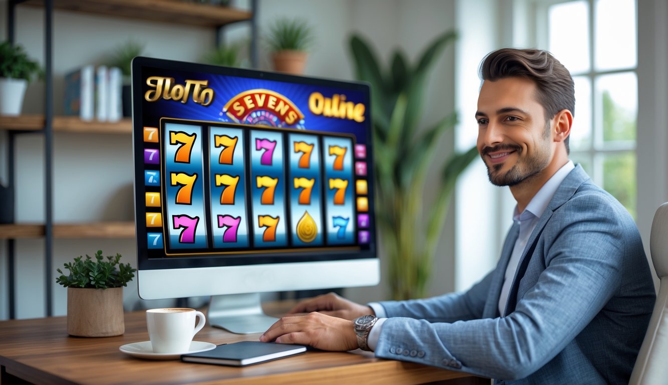 Seorang pria duduk di depan komputer di ruang kerja rumah, fokus bermain permainan slot online dengan ekspresi percaya diri dan suasana hangat.