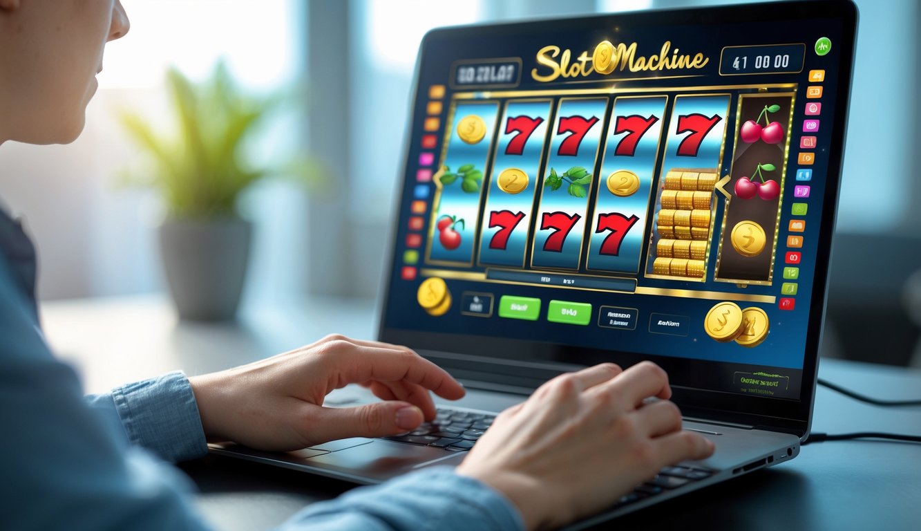 Seseorang sedang bermain mesin slot online di komputer dengan layar menampilkan permainan slot yang berwarna-warni.
