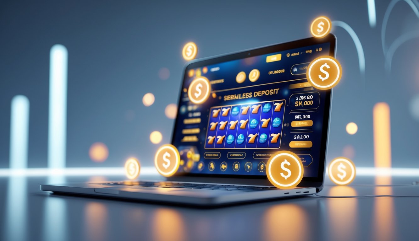 Layar perangkat digital menampilkan permainan slot online dengan ikon pulsa dan simbol transaksi tanpa potongan.