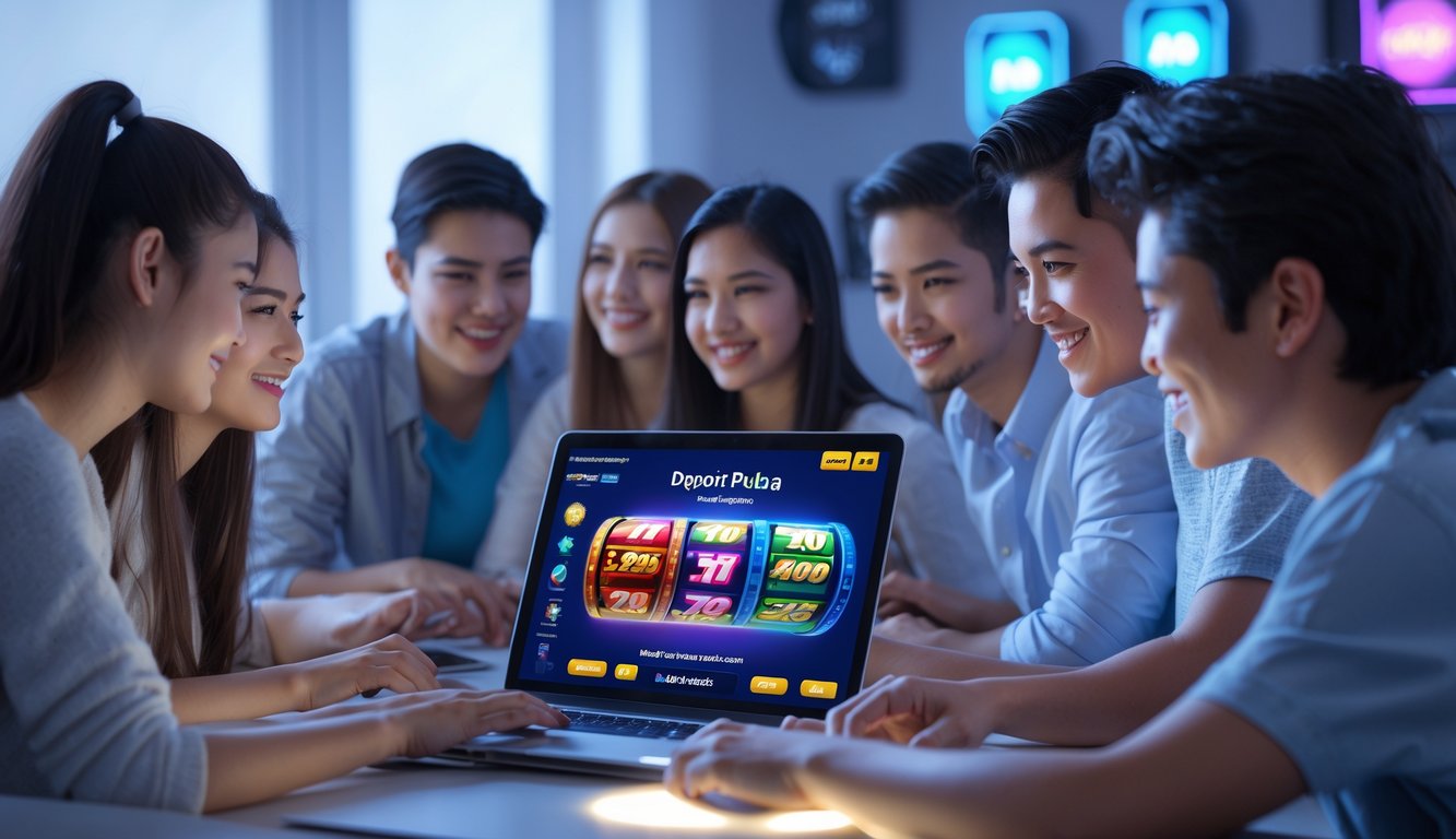 Sekelompok orang muda sedang bermain slot online di depan laptop di ruangan modern yang terang dan rapi.
