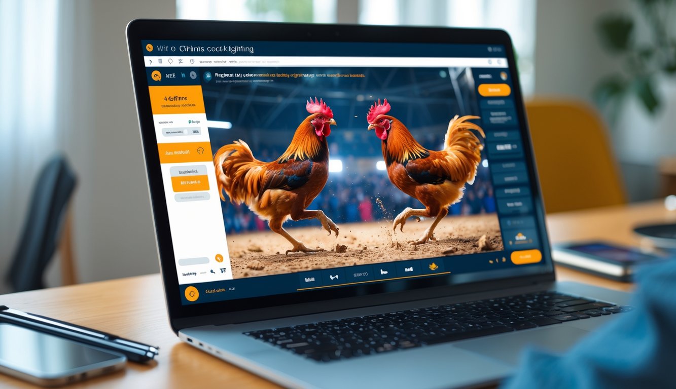 Layar komputer menampilkan siaran langsung sabung ayam dengan dua ayam bertarung, di meja terdapat ponsel dan alat tulis.