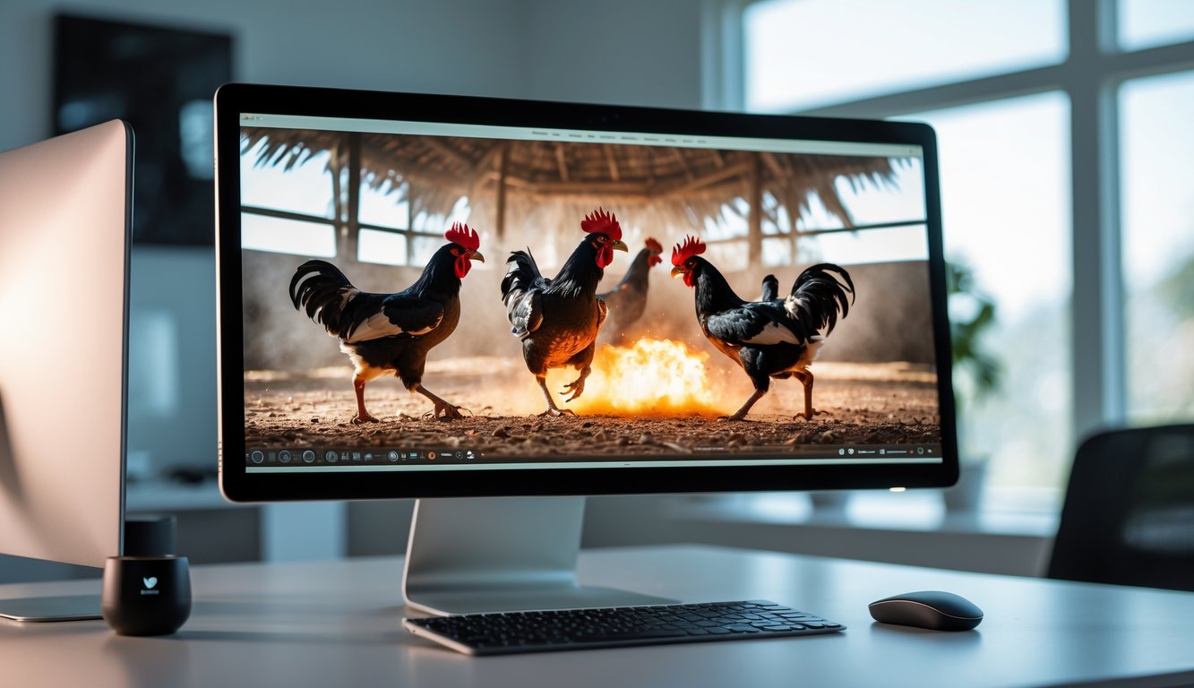 Sebuah komputer modern menampilkan siaran langsung pertandingan sabung ayam dengan kualitas gambar yang jelas dan tajam.