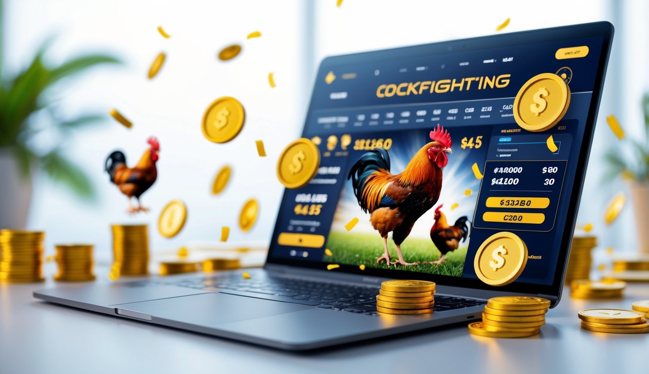 Seseorang menggunakan perangkat digital dengan ikon ayam jago dan elemen kemenangan di sekitarnya.