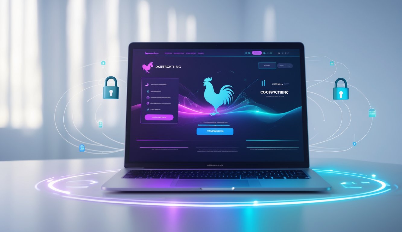 Layar komputer menampilkan antarmuka situs web dengan ikon ayam jago dan elemen digital yang menggambarkan konektivitas dan keamanan.