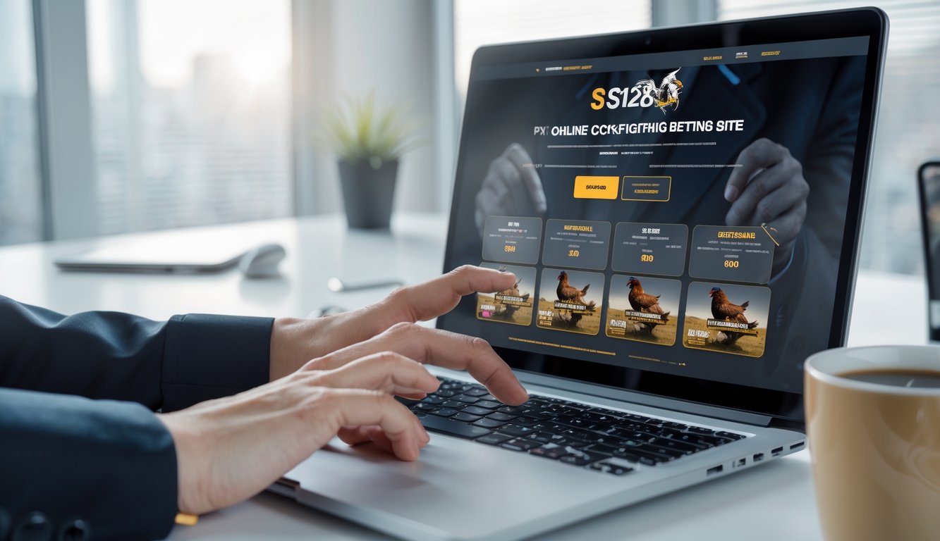 Seseorang sedang mendaftar di situs sabung ayam online menggunakan laptop dan ponsel di ruang kerja yang terang dan rapi.