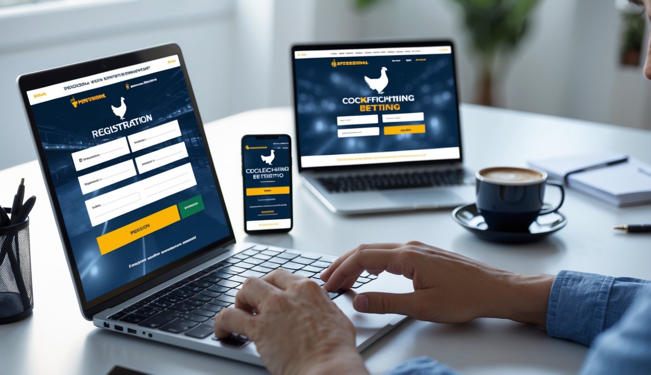 Seseorang sedang mengetik di laptop di meja kerja dengan smartphone di sampingnya, menunjukkan proses pendaftaran online.