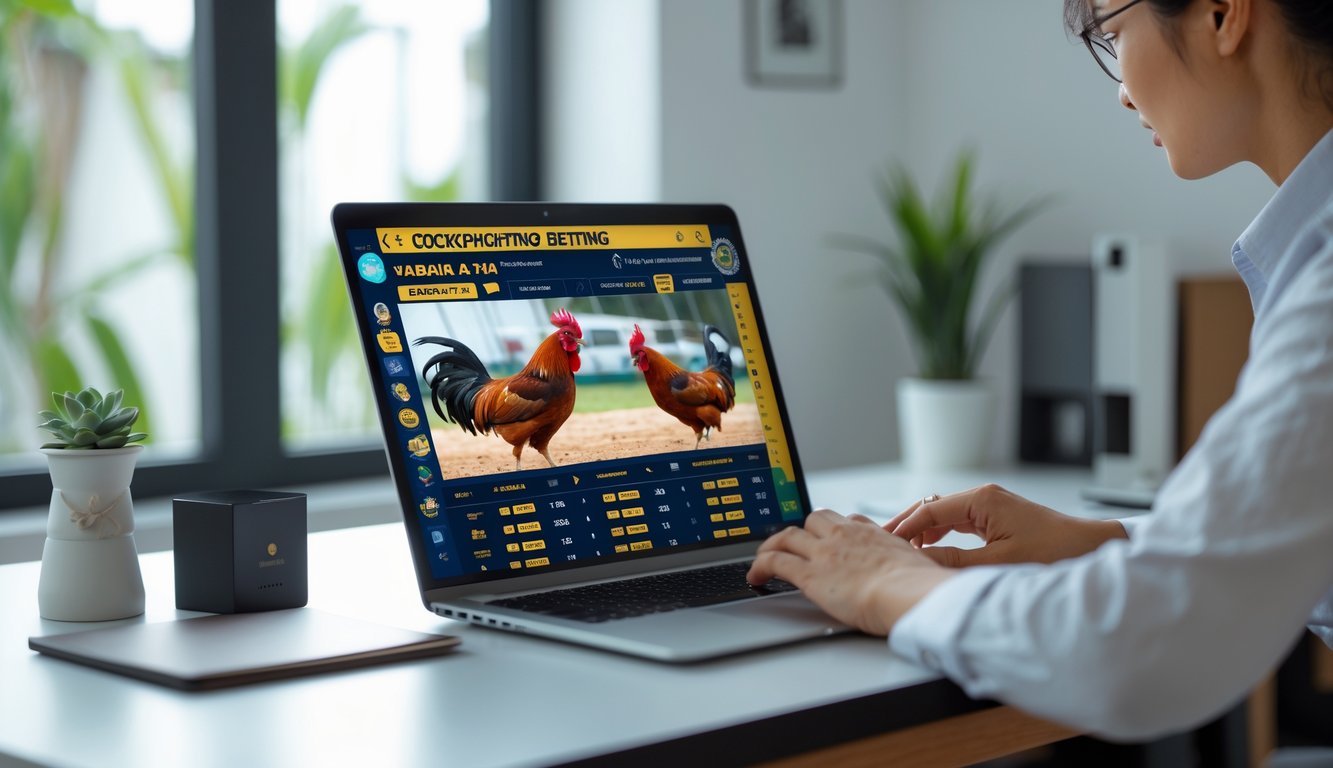 Seseorang menggunakan laptop di meja kerja dengan tampilan pertandingan sabung ayam online dan informasi taruhan yang lengkap.