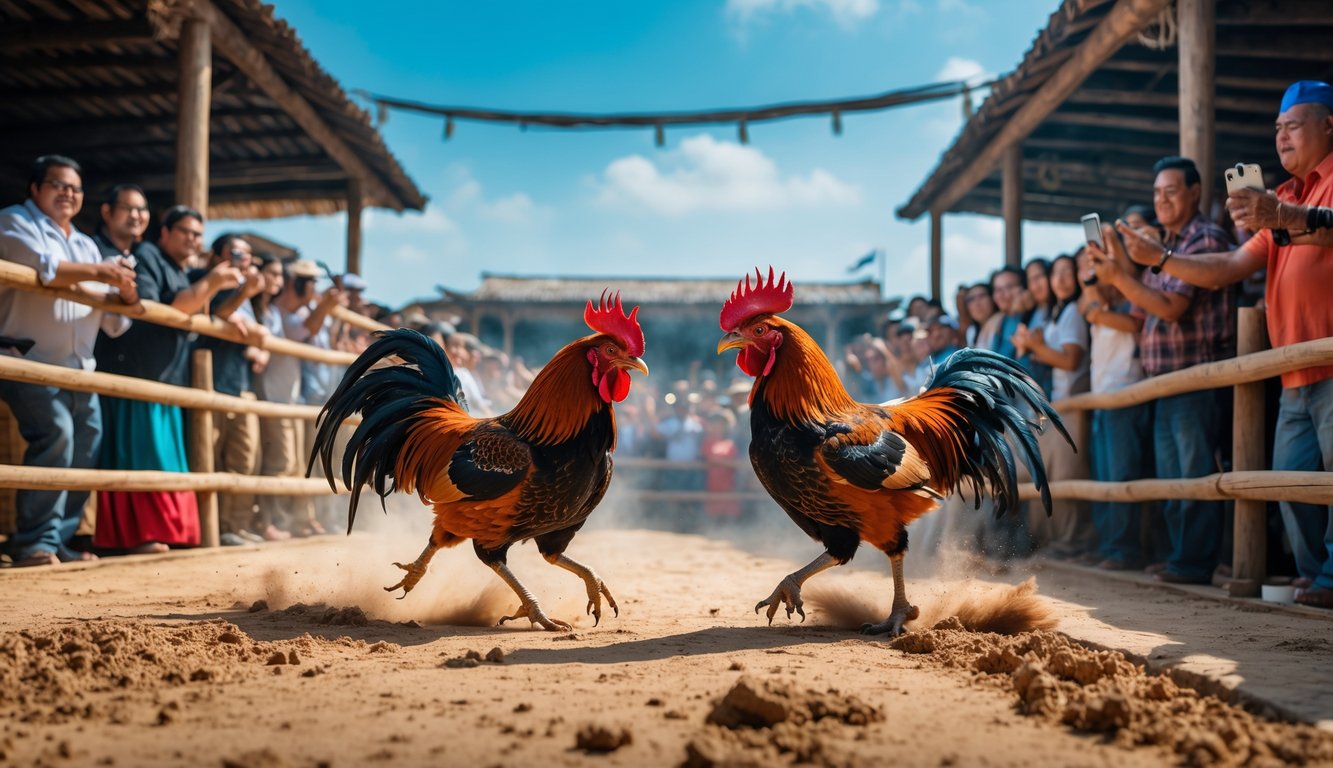 Dua ayam jago sedang bertarung di arena sabung ayam dengan kerumunan penonton yang antusias di sekitarnya.