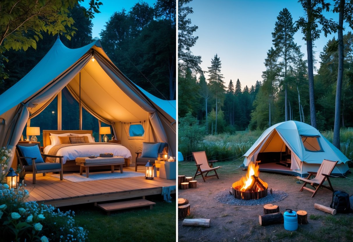 A split scene showing a luxurious glamping tent with cozy furnishings on one side and a simple traditional camping tent with a campfire and gear on the other side in a forest setting.
