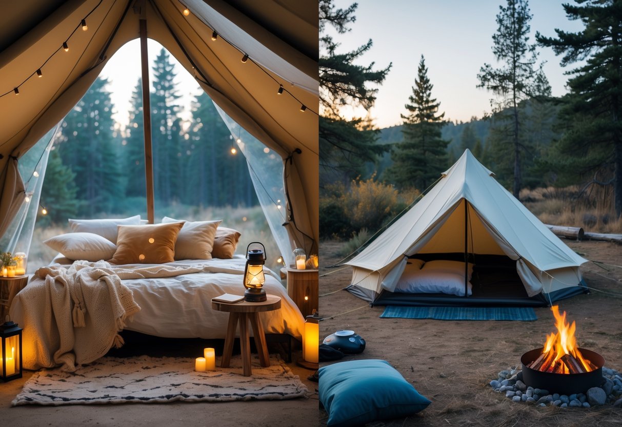 A split image showing a luxurious glamping tent with comfortable bedding and fairy lights on one side, and a simple traditional camping tent with a campfire and camping gear on the other side in a forest setting.