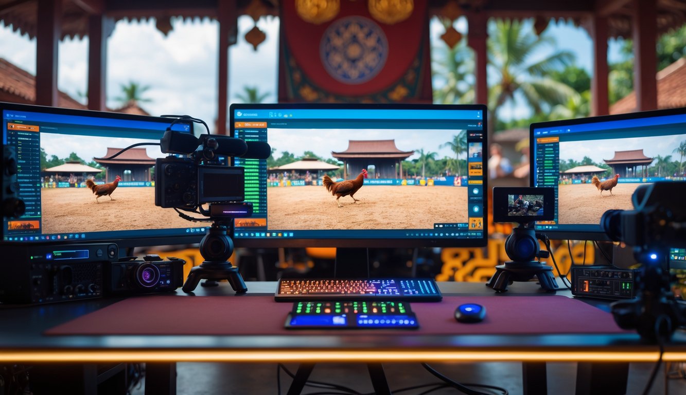 Suasana studio live streaming dengan peralatan modern menyiarkan pertandingan sabung ayam secara langsung.