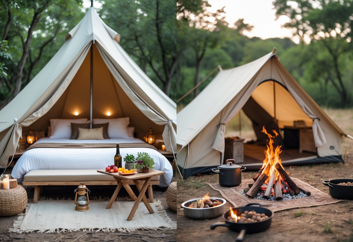A side-by-side outdoor scene showing a luxurious glamping tent with comfortable furnishings and gourmet cooking setup next to a traditional camping area with a simple tent, sleeping bag, campfire, and basic cooking gear.