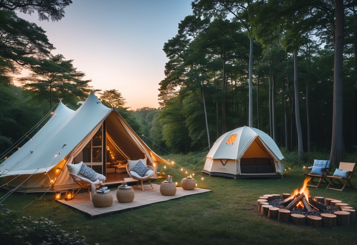 A forest clearing showing a luxurious glamping tent with comfortable furnishings next to a simple traditional camping tent with basic gear, under soft sunlight filtering through trees.