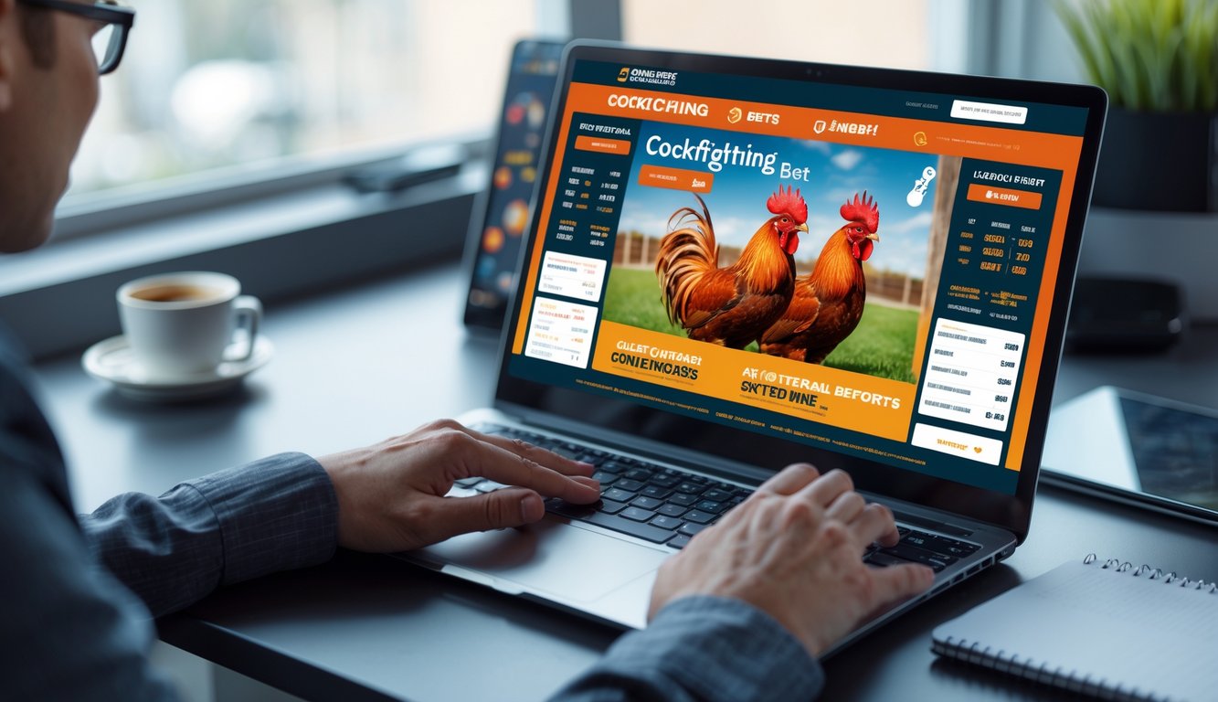 Seseorang menggunakan laptop di meja kerja yang menampilkan situs taruhan sabung ayam online dengan gambar ayam jago dan informasi taruhan.