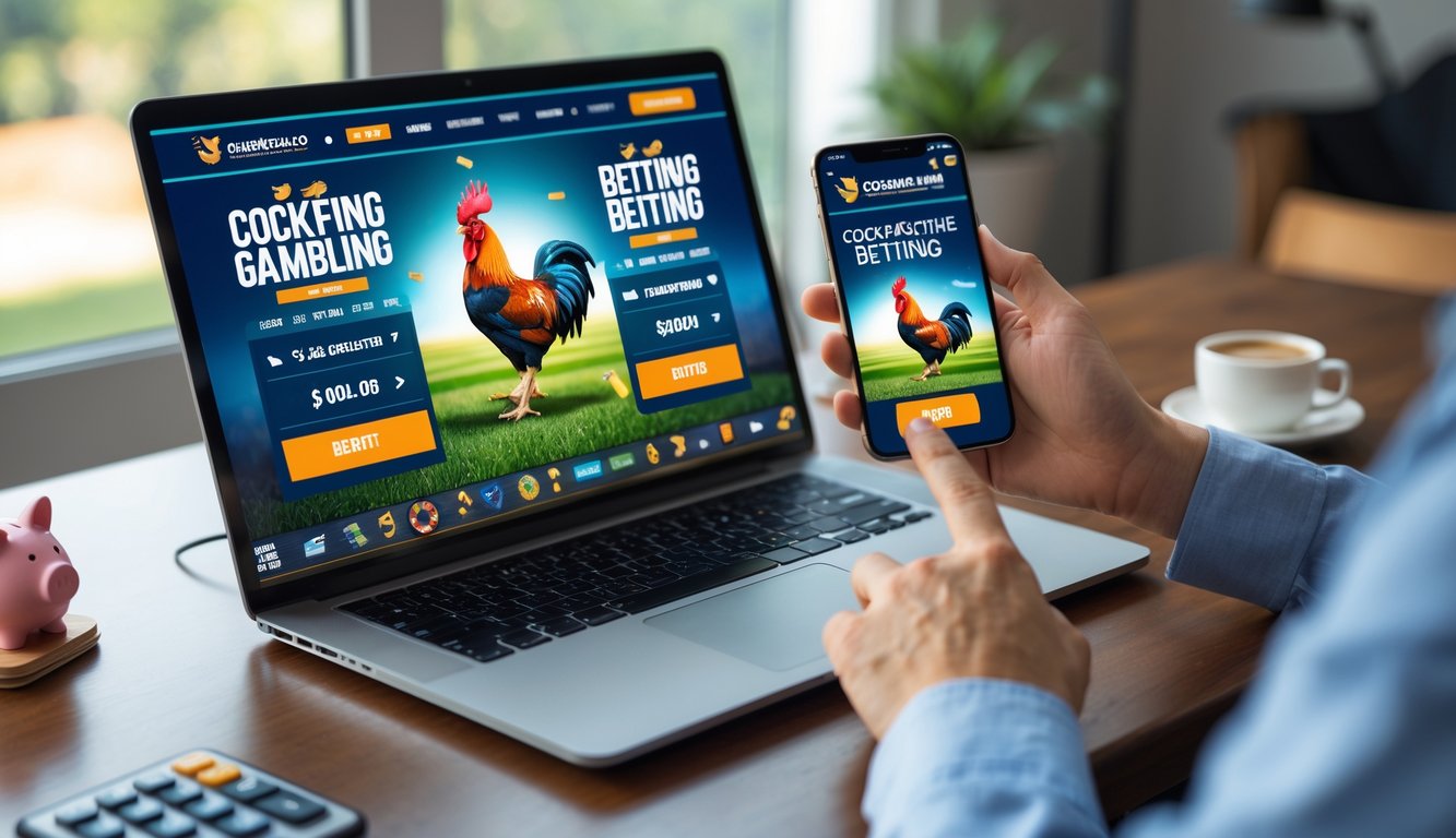 Seseorang menggunakan laptop dan ponsel untuk mengakses situs taruhan sabung ayam online di meja kerja dengan suasana nyaman.