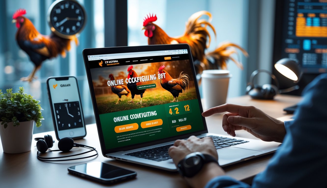 Seorang pengguna sedang menggunakan laptop di meja kerja dengan latar belakang gambar ayam aduan, menunjukkan suasana layanan taruhan sabung ayam online yang aktif dan profesional.