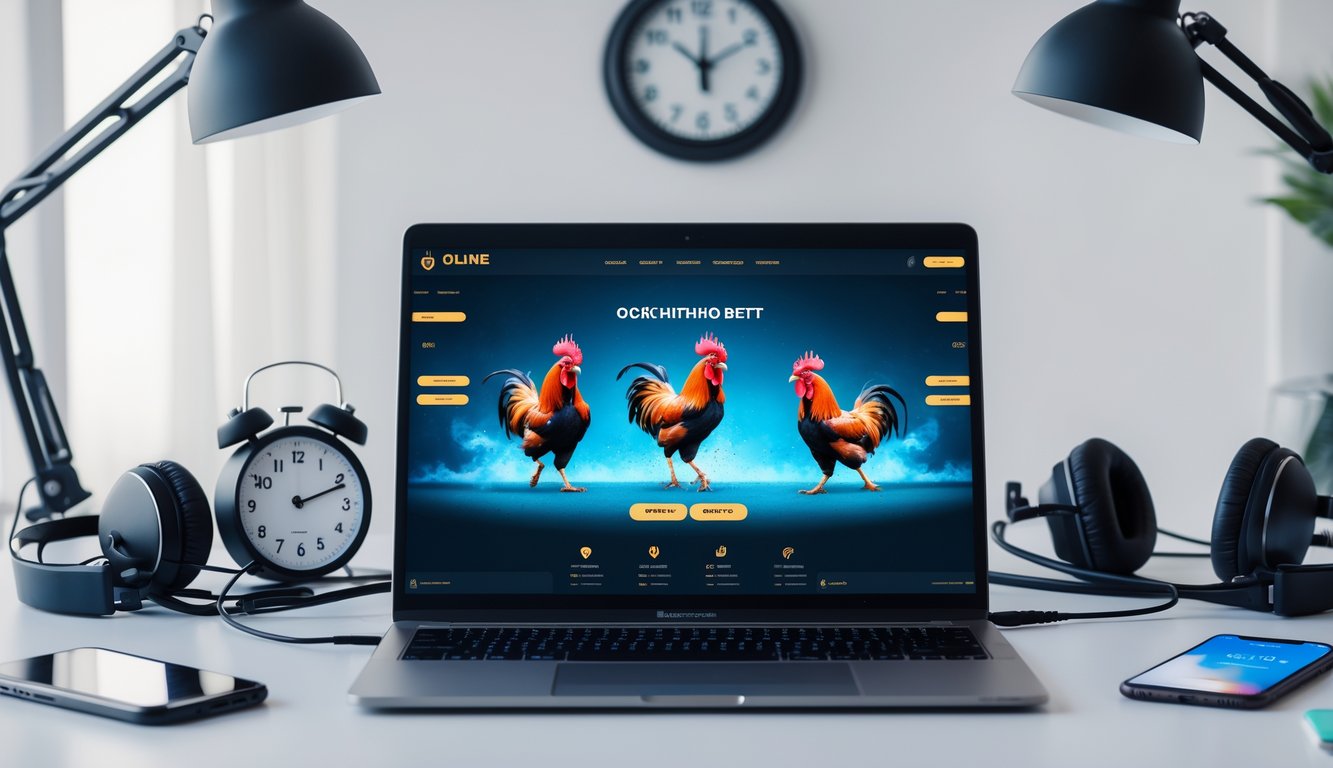 Seorang pengguna duduk di depan laptop dengan tampilan situs taruhan sabung ayam online, dikelilingi oleh perangkat teknologi dan elemen yang menunjukkan layanan 24 jam.