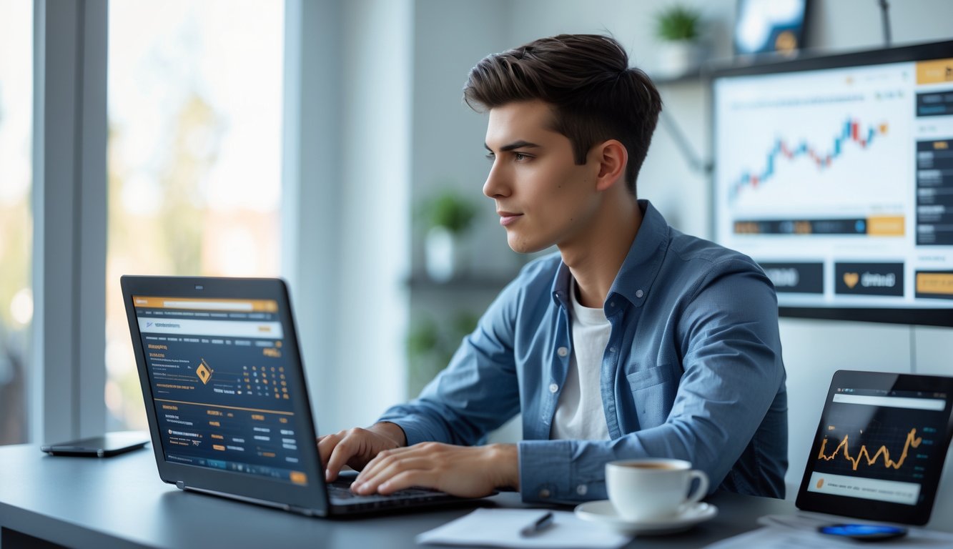 Seorang pria muda duduk di meja dengan laptop, terlihat fokus dan sedang belajar menggunakan situs permainan online.
