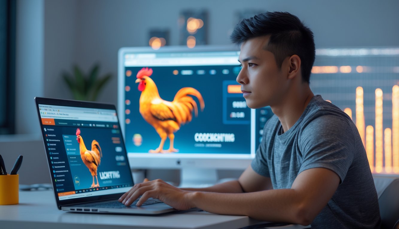 Seorang pria muda duduk di depan laptop di ruang kerja modern, fokus mempelajari permainan sabung ayam online dengan latar belakang elemen digital terkait permainan.