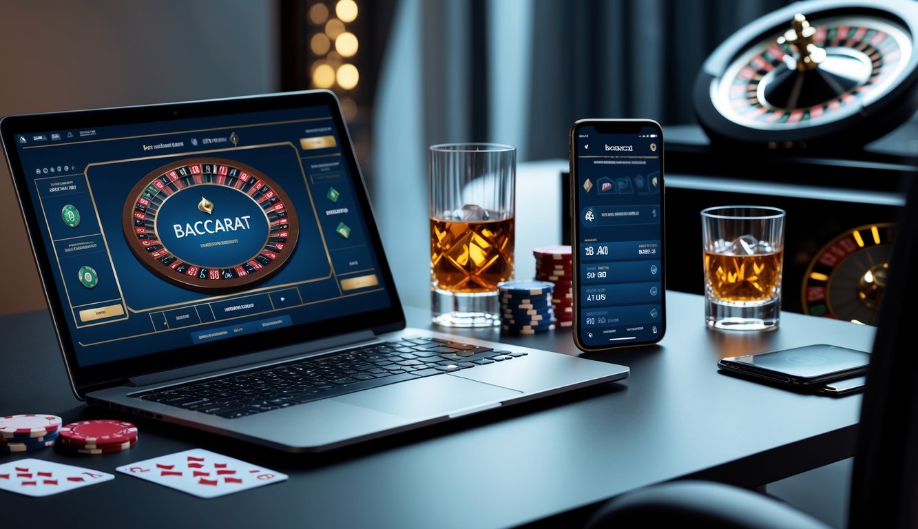Sebuah meja kerja dengan laptop yang menampilkan permainan baccarat online, ponsel dengan opsi taruhan, dan gelas minuman di sampingnya, dengan latar belakang elemen kasino seperti chip dan kartu remi.