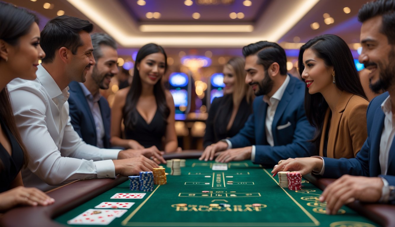 Meja baccarat di kasino dengan beberapa orang sedang bermain dan mengamati permainan kartu.