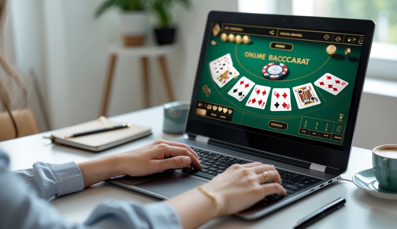 Seseorang sedang bermain baccarat online dengan laptop di meja kerja yang rapi, menampilkan suasana fokus dan tenang.