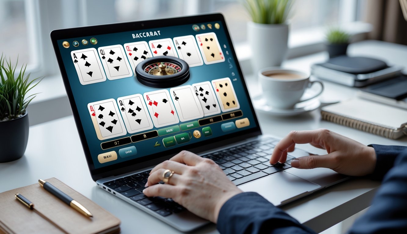 Seseorang sedang bermain permainan baccarat online menggunakan laptop di meja kerja yang rapi dengan alat tulis dan kopi di sampingnya.
