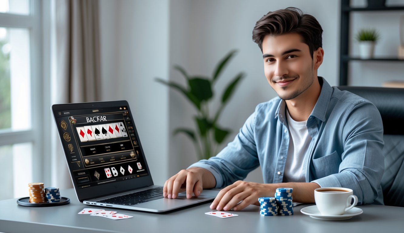 Seorang pria muda duduk di meja dengan laptop terbuka menampilkan permainan baccarat, dikelilingi chip poker dan kartu bermain, di ruang kerja rumah yang terang dan rapi.