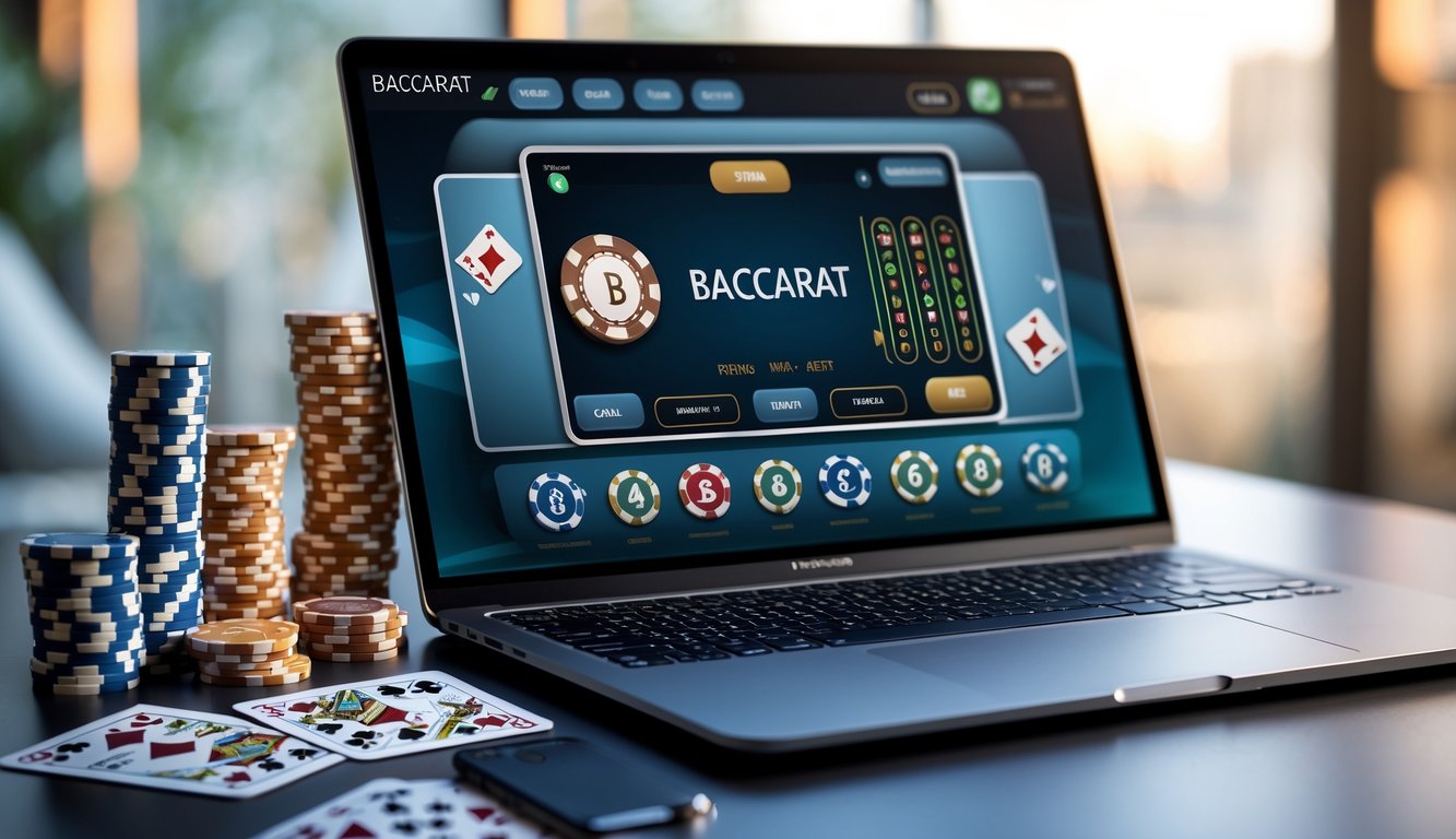 Seorang pemain sedang bermain baccarat online dengan laptop, kartu, dan chip taruhan di meja.