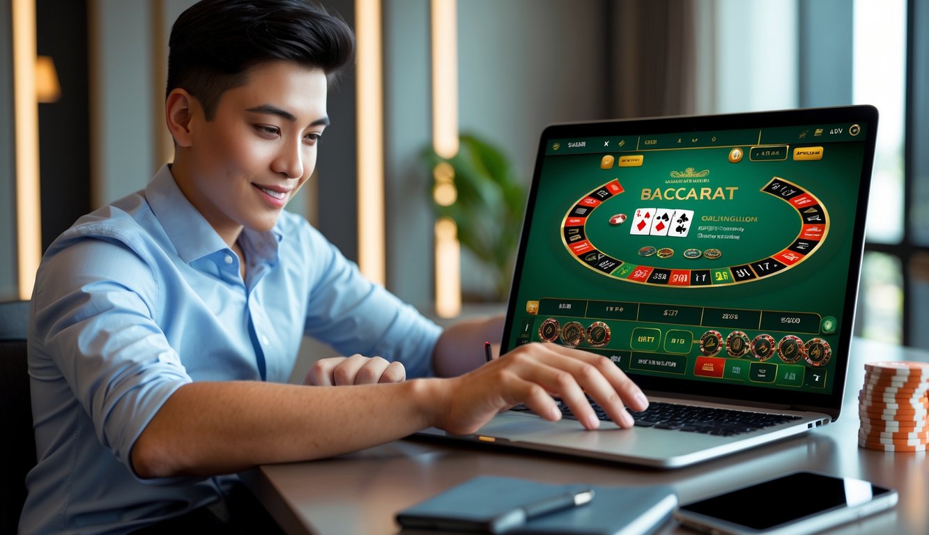 Seorang pemula yang percaya diri sedang bermain baccarat online di laptop di ruangan modern dengan chip kasino dan alat tulis di meja.
