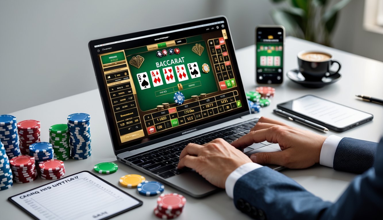 Seorang pemain sedang menggunakan laptop untuk bermain baccarat online dengan kartu dan chip di meja, dikelilingi oleh alat tulis dan ponsel.