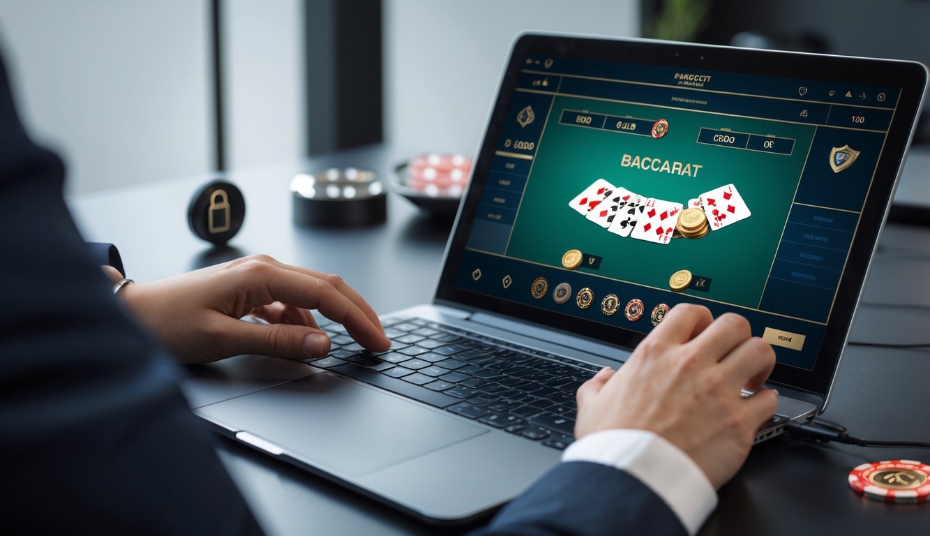 Seseorang sedang bermain baccarat online menggunakan komputer di meja yang rapi dengan kartu dan chip terlihat di layar.