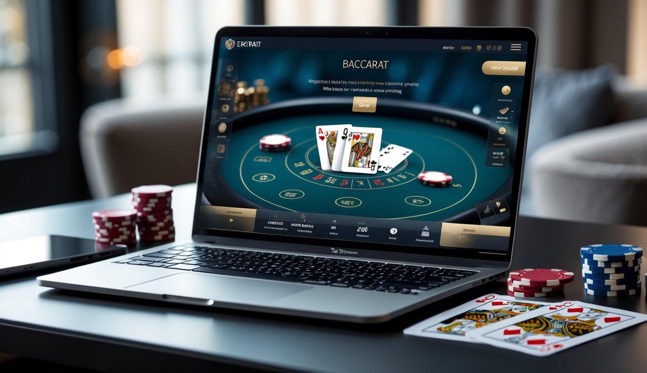 Seorang pemain menggunakan laptop untuk bermain baccarat online dengan kartu dan chip poker di meja.