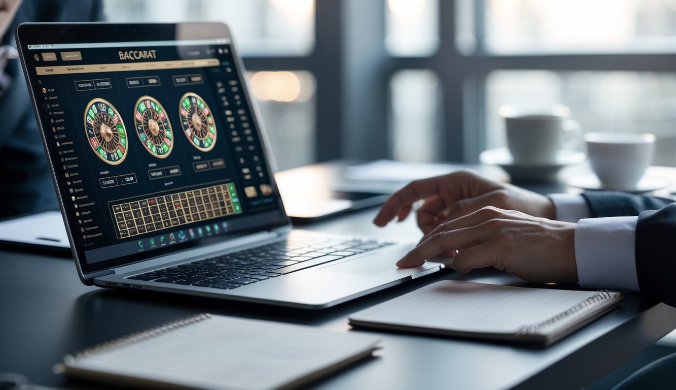Seseorang sedang menggunakan laptop dengan tampilan permainan baccarat online dan mencatat strategi di meja kerja yang rapi.