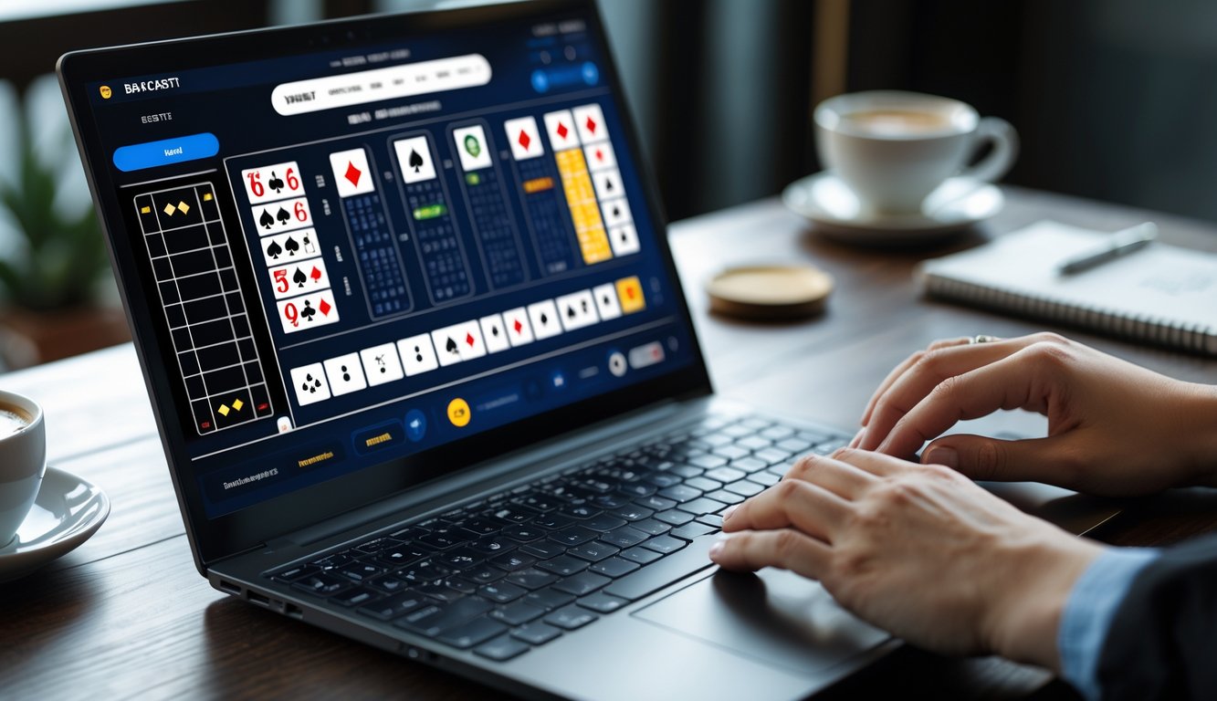 Seorang pemain sedang menggunakan komputer dengan tampilan permainan baccarat online dan pola kartu terlihat di layar, dengan suasana belajar dan fokus.