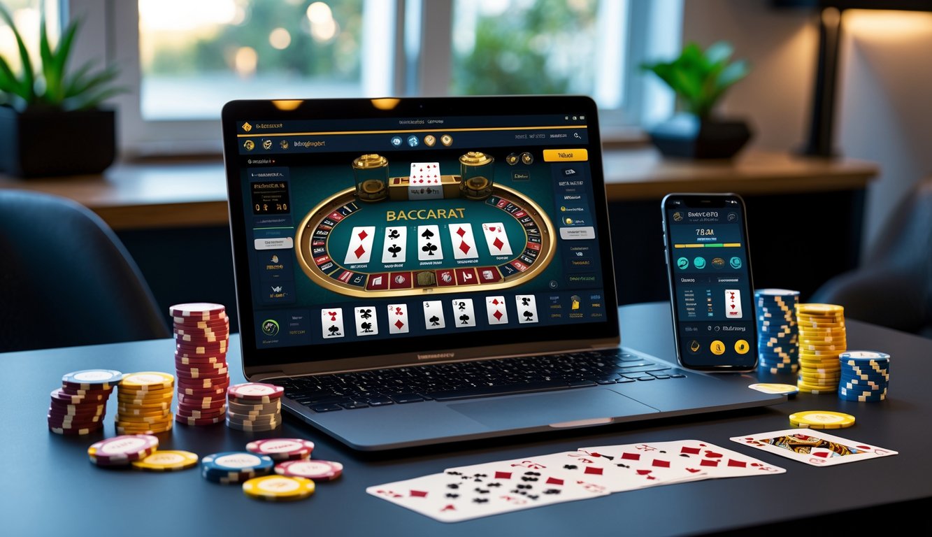 Seorang pemain menggunakan laptop dengan tampilan permainan baccarat online, dikelilingi chip kasino dan kartu remi di meja kerja.