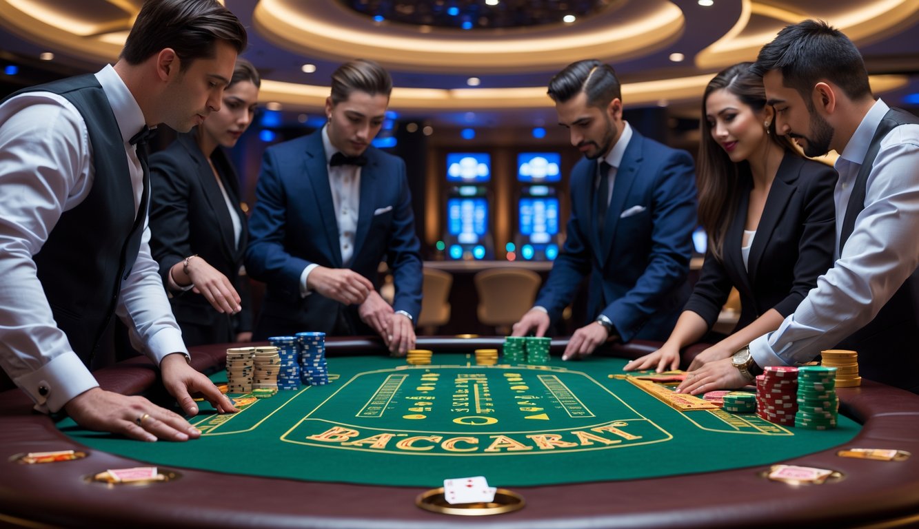 Meja baccarat dengan pemain yang sedang memasang taruhan di kasino modern.