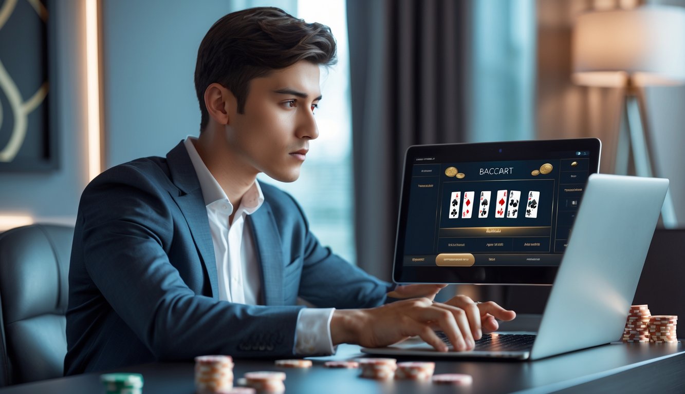 Seorang pria muda sedang bermain baccarat online di laptop di sebuah meja modern dengan kartu dan chip di sekitarnya.