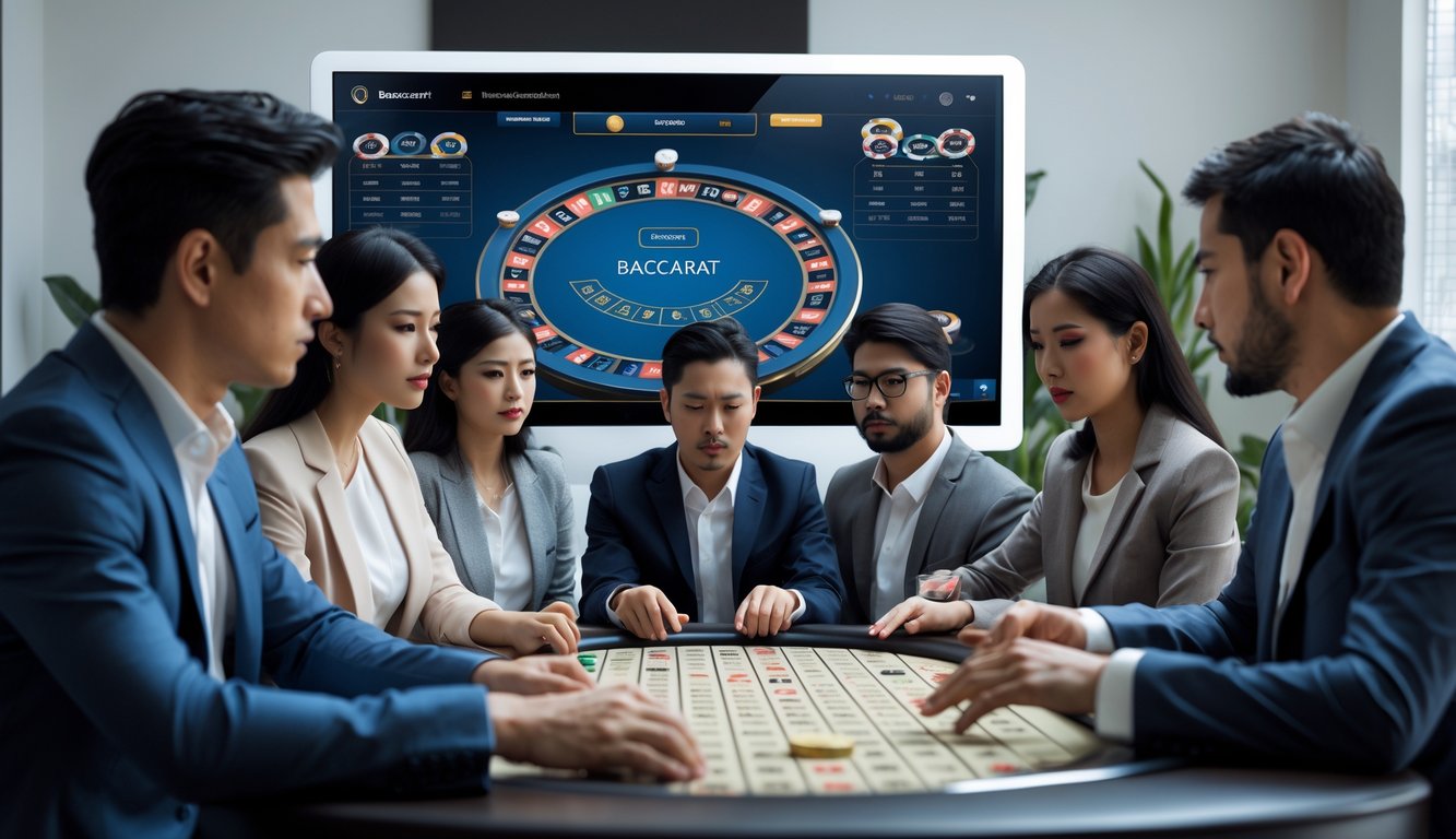 Beberapa orang sedang duduk di depan meja baccarat digital, fokus bermain dan belajar cara menghindari kesalahan dalam permainan baccarat online.