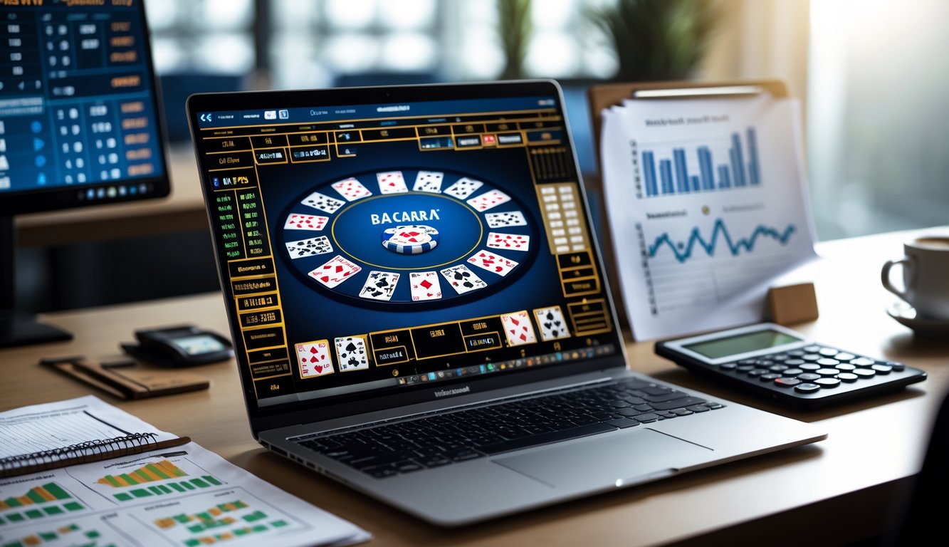 Sebuah meja kerja dengan laptop yang menampilkan permainan baccarat online, dilengkapi dengan grafik keuangan, kalkulator, dan cangkir kopi di sampingnya.