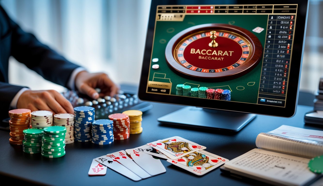 Meja permainan baccarat online dengan layar komputer menampilkan permainan, tumpukan chip poker, kartu, dan buku catatan strategi di sekitarnya.