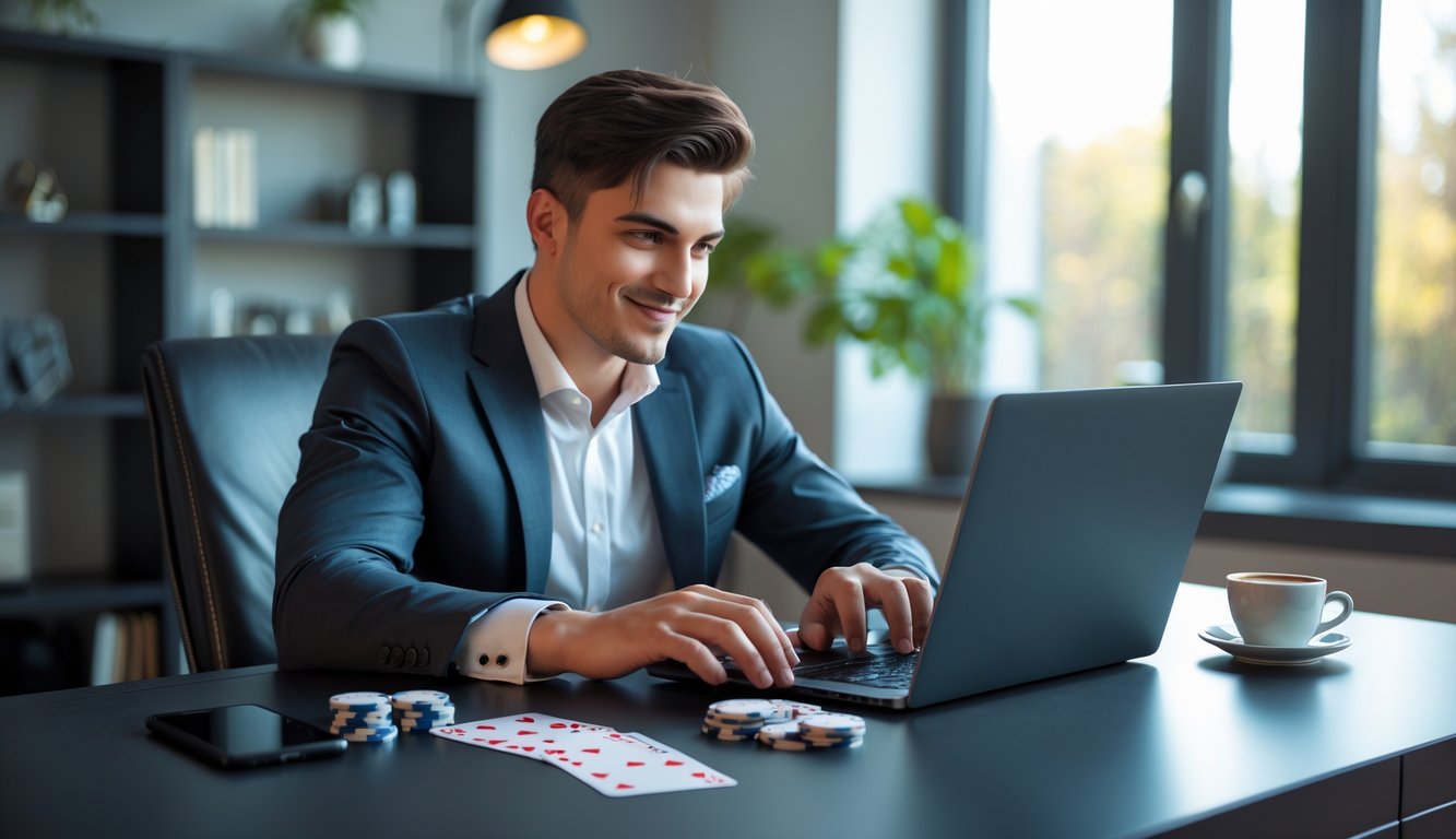 Seorang pria muda fokus bermain baccarat online di depan laptop di ruang kerja yang rapi dan terang dengan chip poker dan kartu di meja.